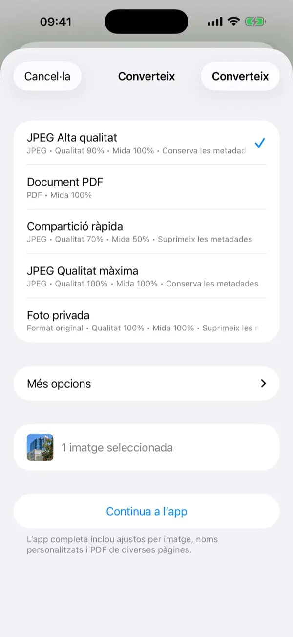 Full de la Share Extension amb configuracions predefinides de conversió amb un sol toc