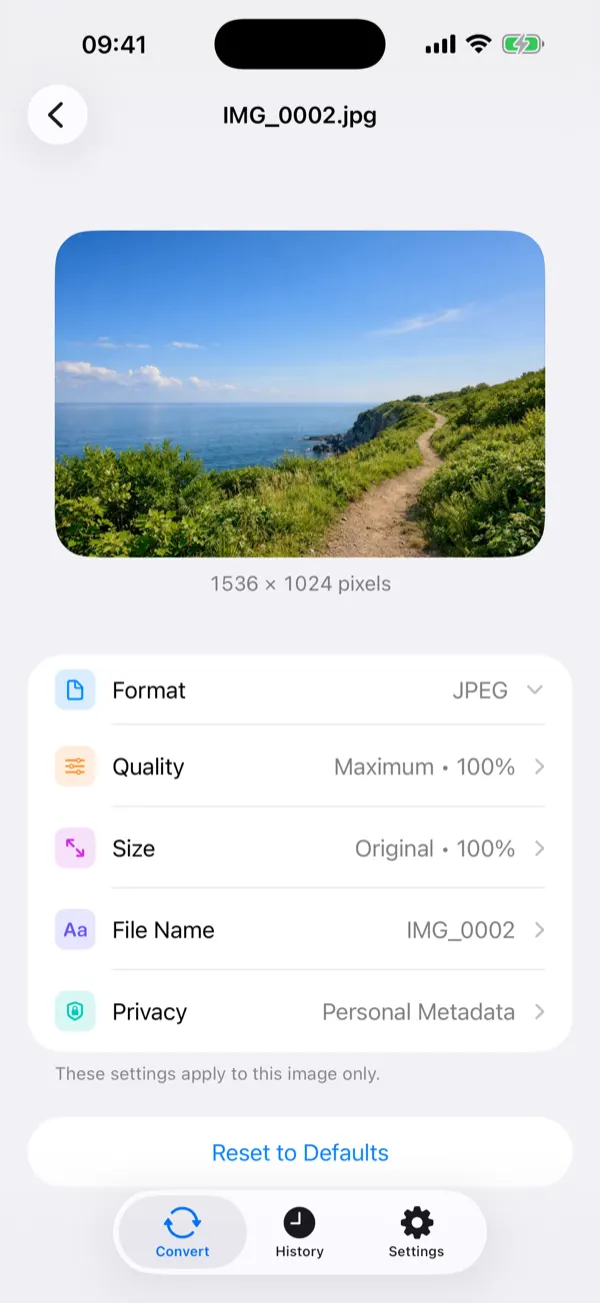 Per-image settings for a coastal photo: format, quality, size, file name, and privacy