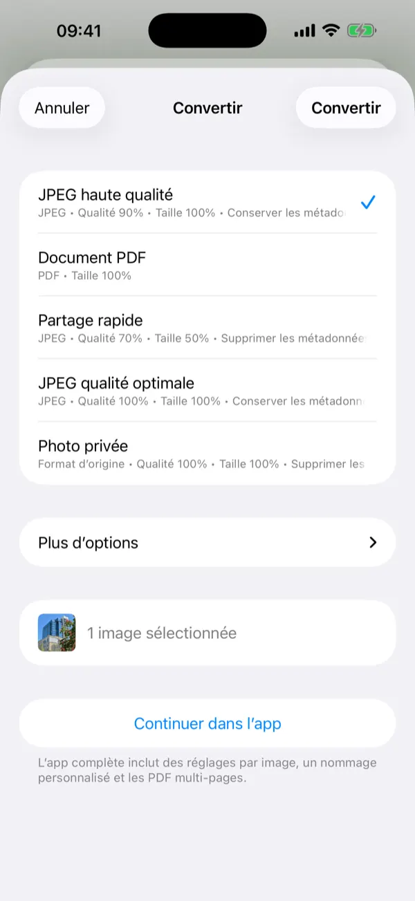 Feuille de l'extension de partage avec préréglages de conversion en un geste