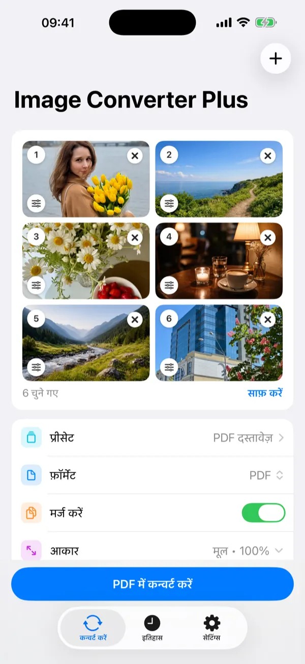 आकार और विवरण के साथ कन्वर्ट की गई इमेज दिखाती हिस्ट्री स्क्रीन