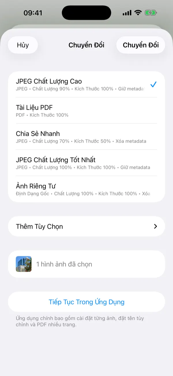 Bảng Share Extension với các cài đặt sẵn chuyển đổi một chạm